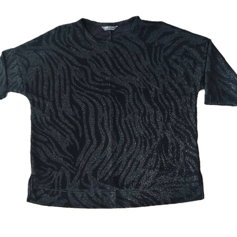 M & S Collection Ladies sz 12 Black Glitter Knit Evening Top Pullover Zebra Read